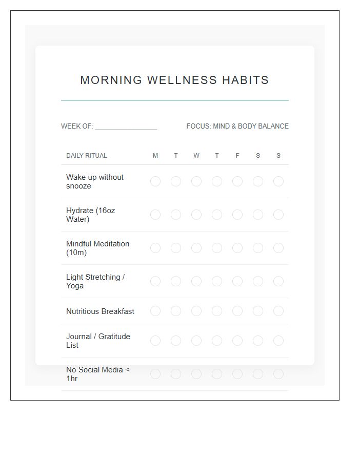 Morning Wellness Habits Printable Success Checklist Chart