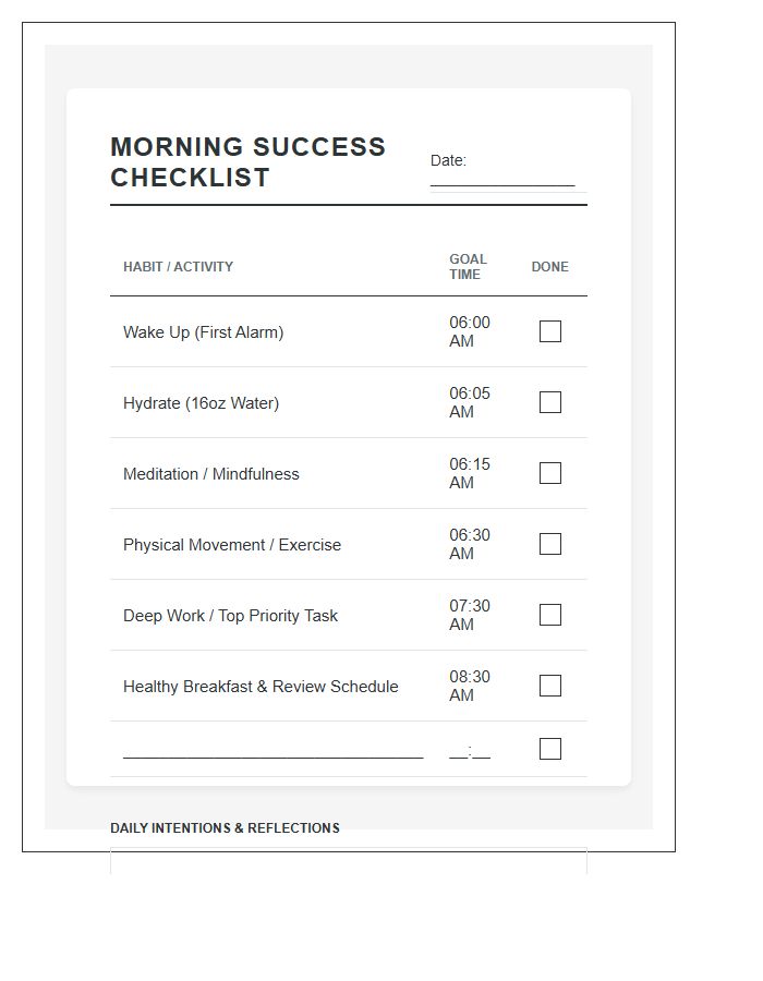 Printable Daily Morning Success Habit Checklist Chart
