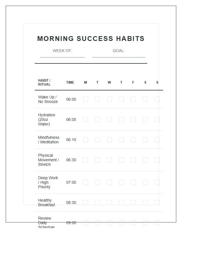 Printable Morning Routine Success Habits Checklist Chart