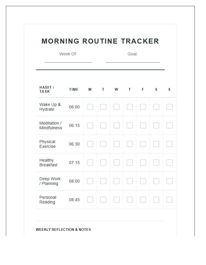 Printable Morning Routine Success Tracking Checklist Chart