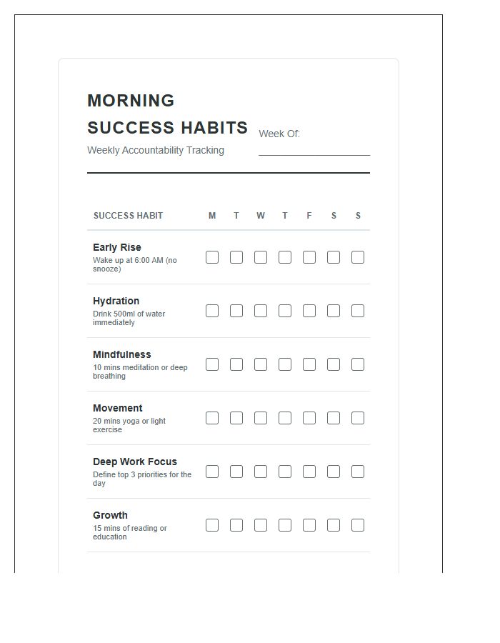 Printable Morning Success Habits Accountability Checklist Chart