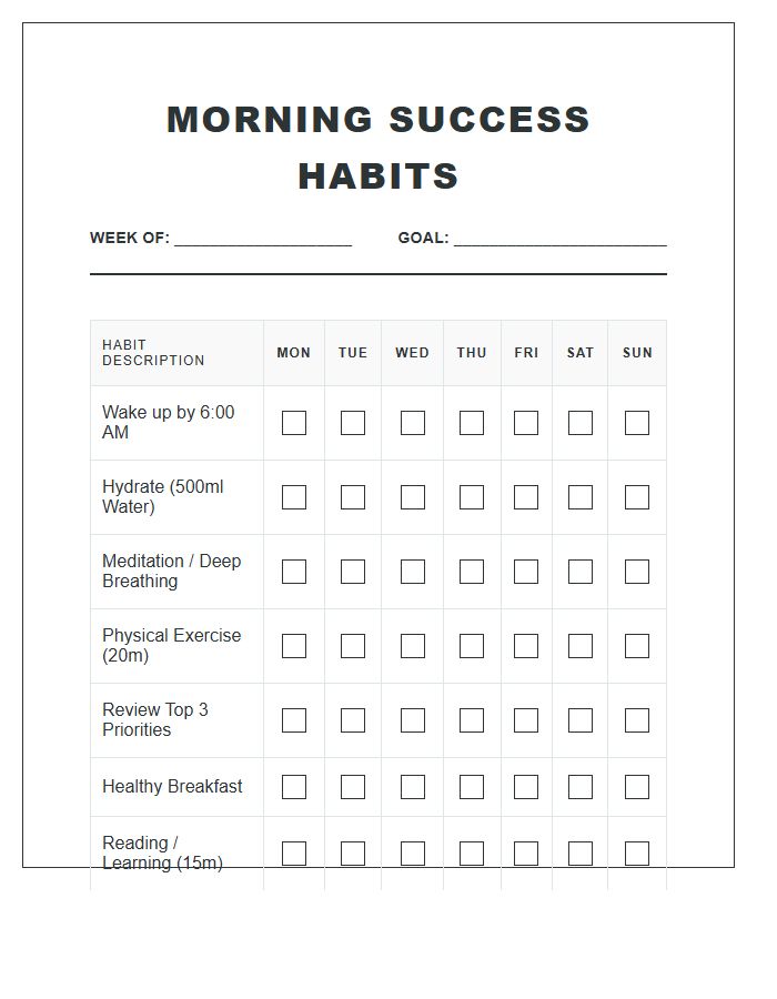 Printable Morning Success Habits Goal Checklist Chart