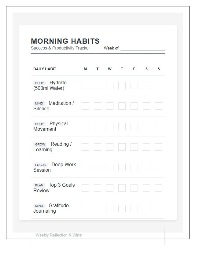 Printable Success Driven Morning Habit Checklist Chart
