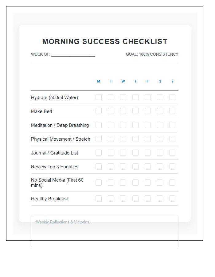 Productive Morning Habits Printable Success Checklist Chart
