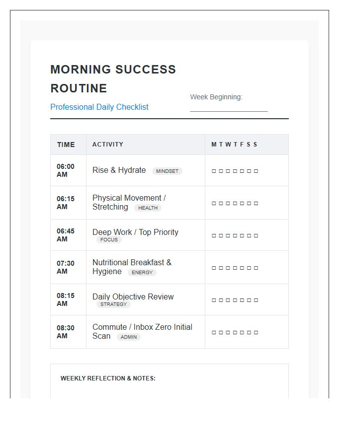 Professional Morning Routine Printable Success Checklist Chart