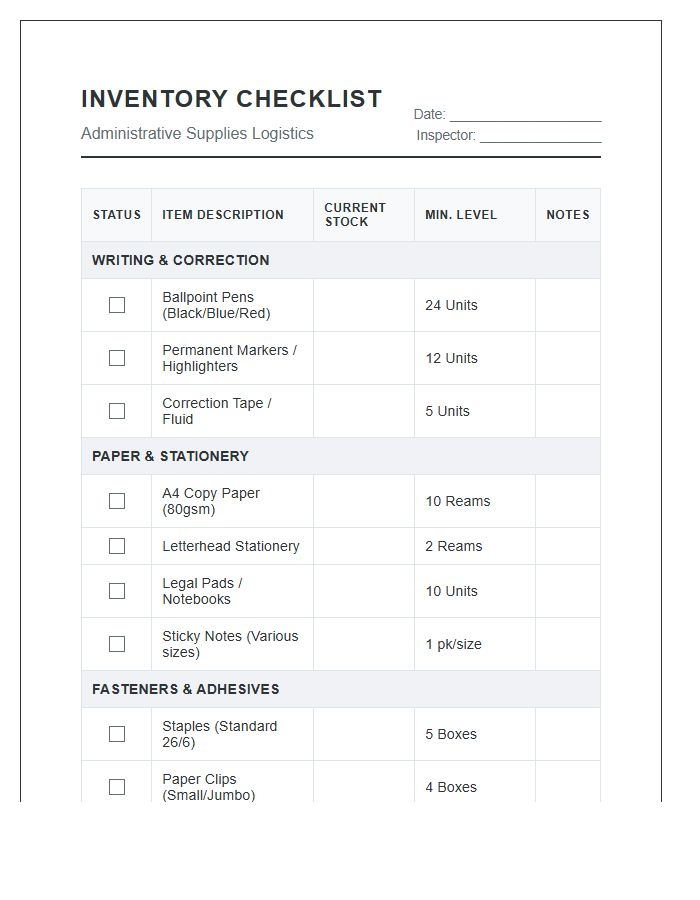 Comprehensive Administrative Supply Printable Inventory Chart Checklist
