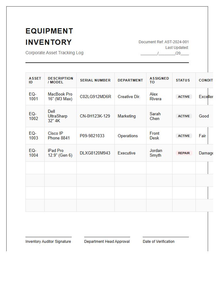 Corporate Business Equipment Tracking Printable Inventory Chart
