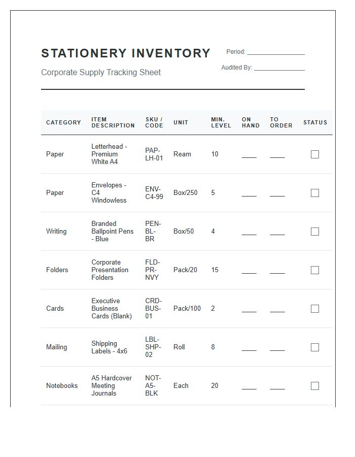 Corporate Stationery Stock Management Printable Inventory Chart
