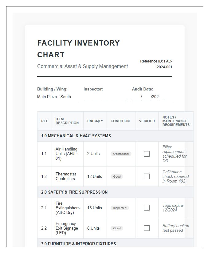 Detailed Commercial Facility Printable Inventory Chart Checklist