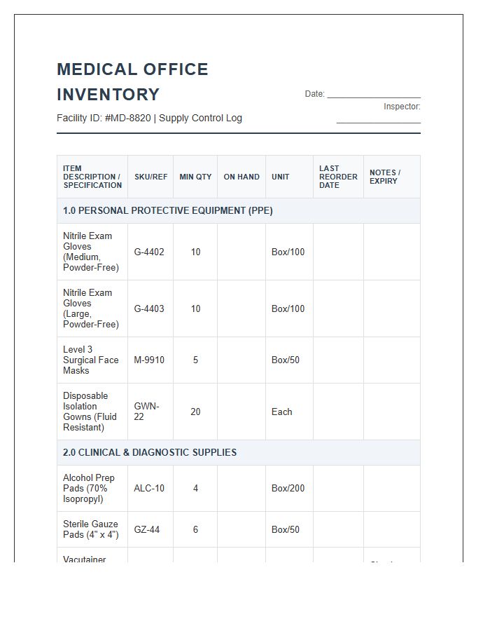 Detailed Medical Office Supply Printable Inventory Chart