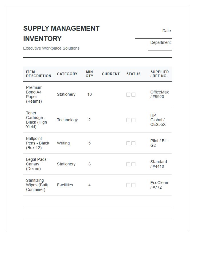 Executive Workplace Supply Management Printable Inventory Chart