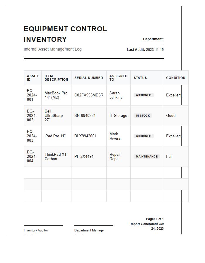 Internal Company Equipment Control Printable Inventory Chart