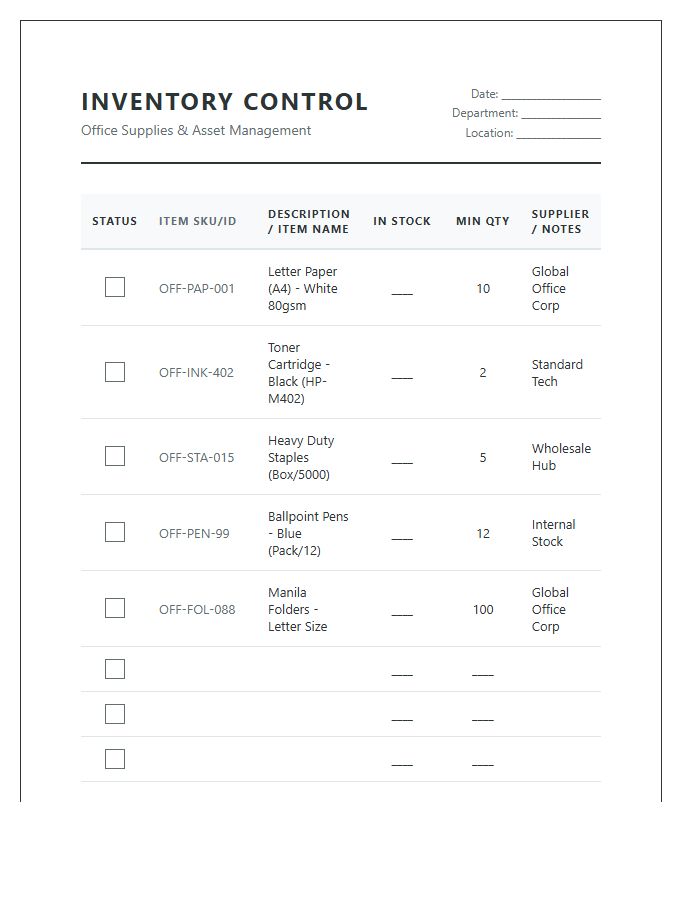 Printable Professional Office Inventory Control Chart Checklist