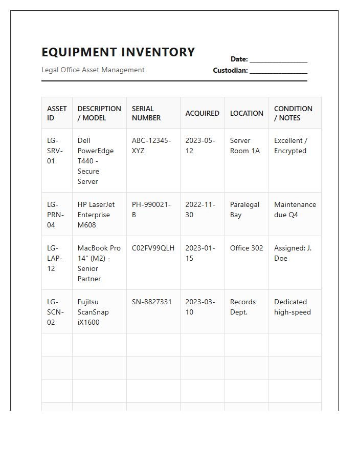 Professional Legal Office Equipment Printable Inventory Chart
