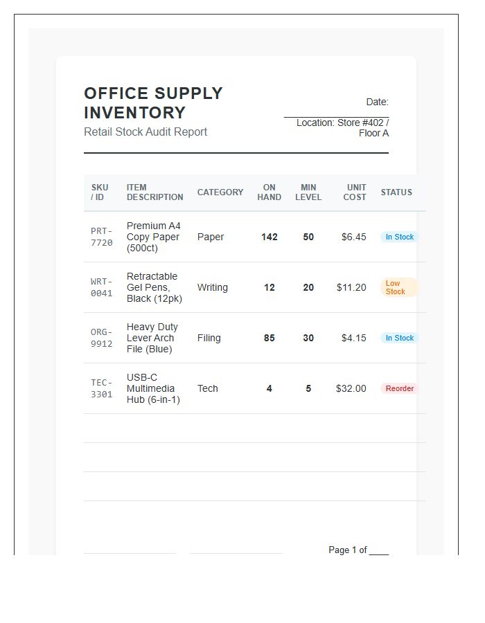 Professional Retail Office Supply Printable Inventory Chart