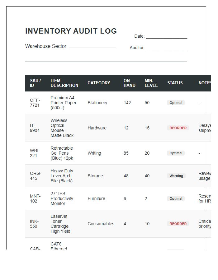 Professional Warehouse Office Supply Printable Inventory Chart