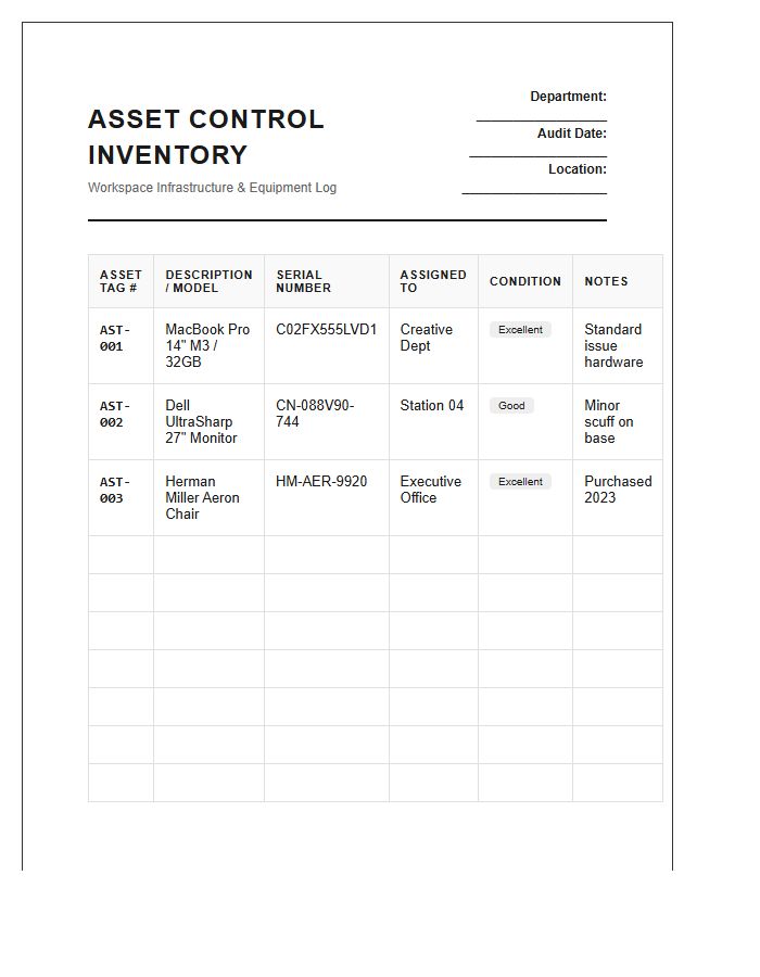 Professional Workspace Asset Control Printable Inventory Chart