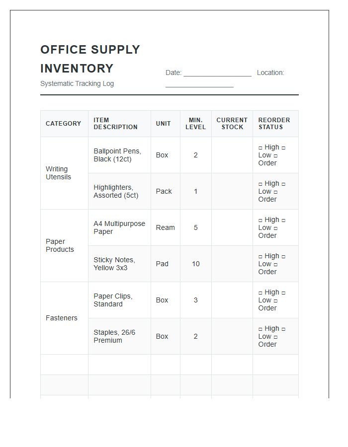 Systematic Office Supply Tracking Printable Inventory Chart