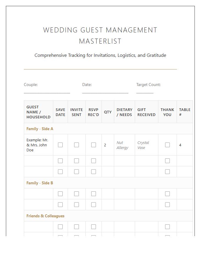 Comprehensive Printable Wedding Guest Management Checklist Chart