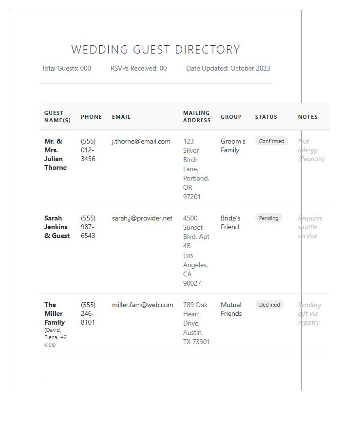 Detailed Printable Wedding Guest List Contact Information Chart