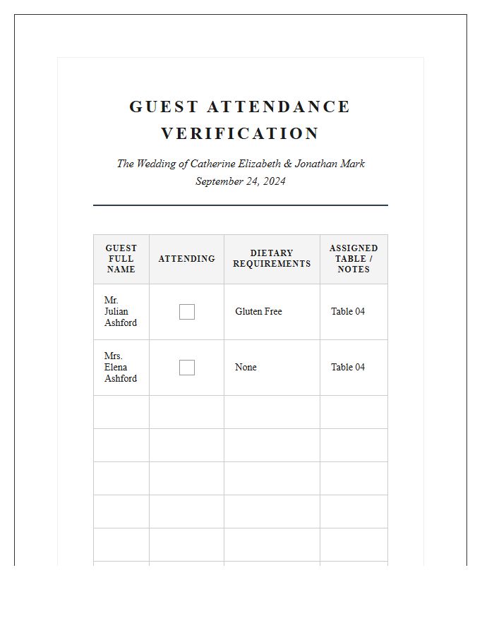 Formal Printable Wedding Guest Attendance Verification Chart