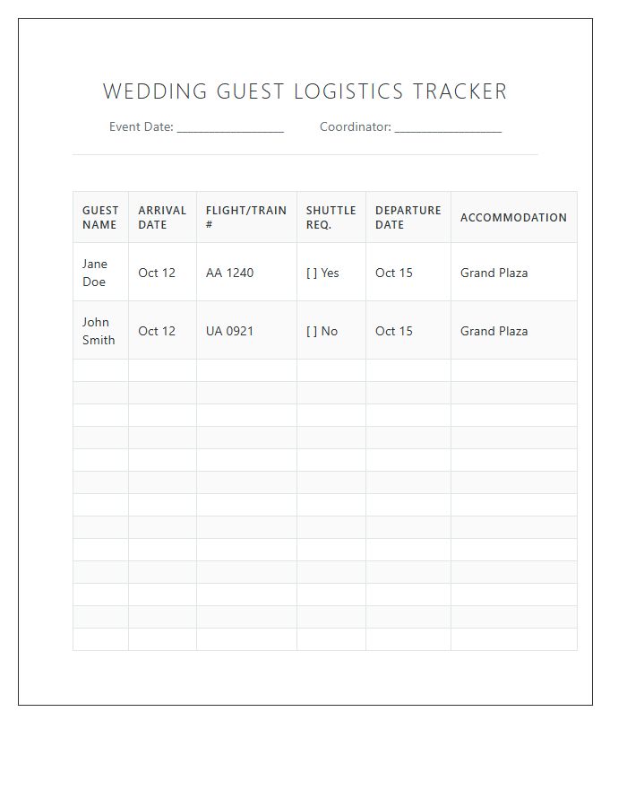 Printable Wedding Guest Arrival And Departure Tracking Chart