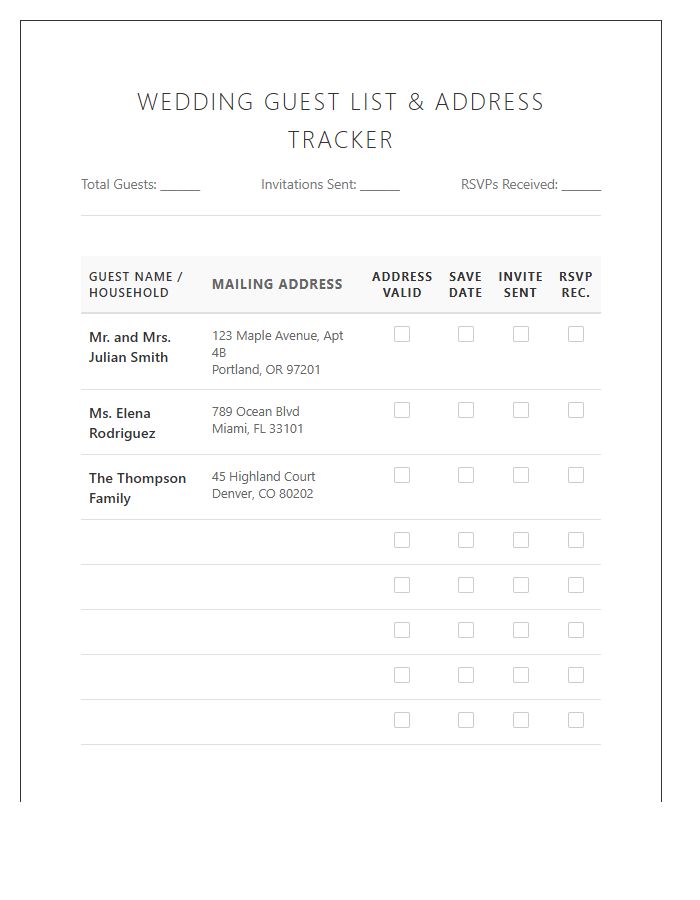 Printable Wedding Guest List Address Tracking Chart