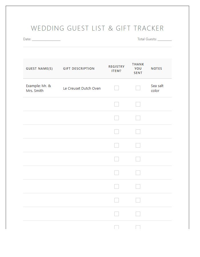 Printable Wedding Guest List Gift Registry Tracking Chart