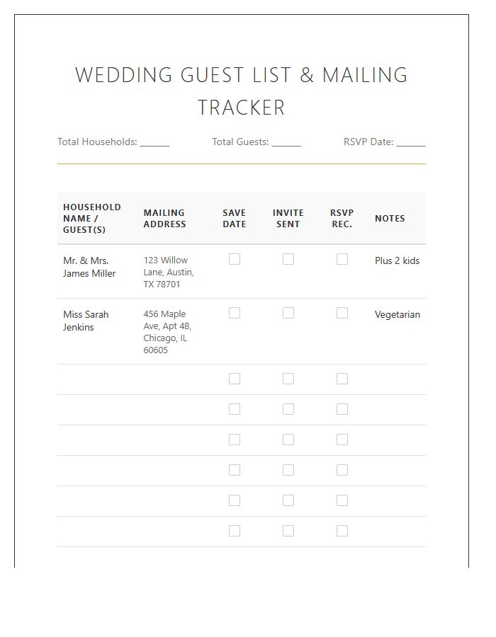 Printable Wedding Guest List Invitation Mailing Chart