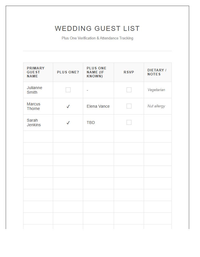 Printable Wedding Guest List Plus One Verification Chart