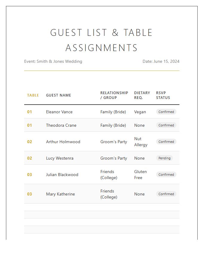 Printable Wedding Guest List Table Assignment Organization Chart
