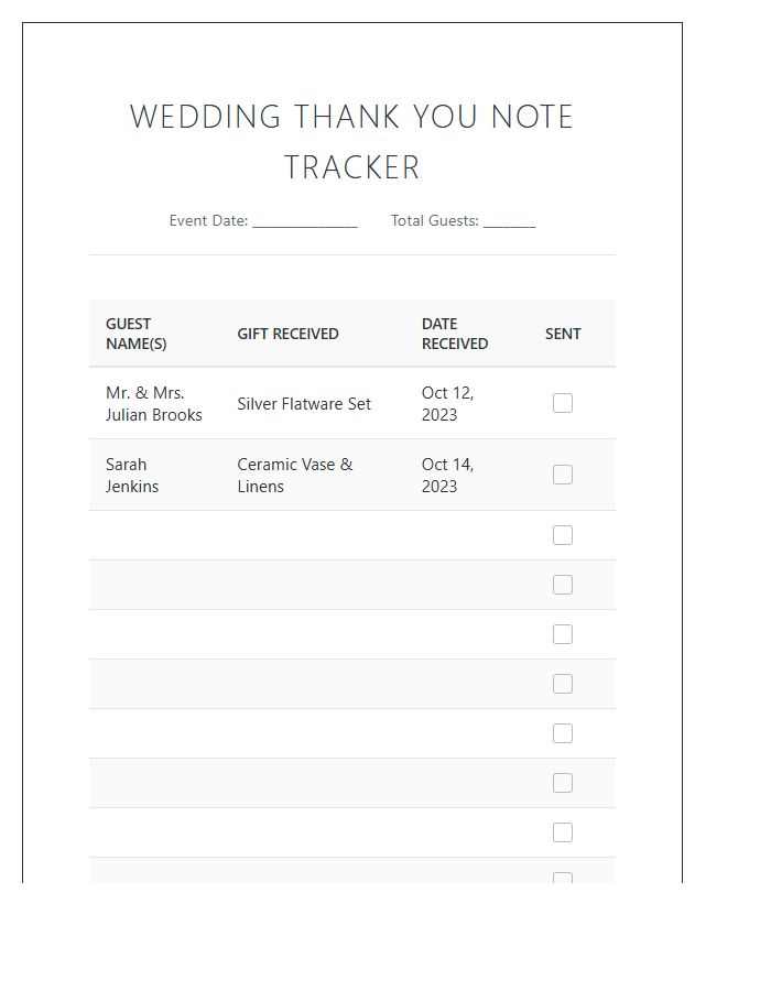 Printable Wedding Guest List Thank You Note Chart