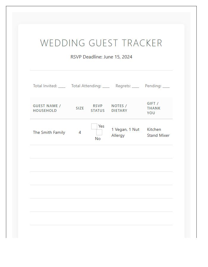 Printable Wedding Guest RSVP Status Tracking Chart