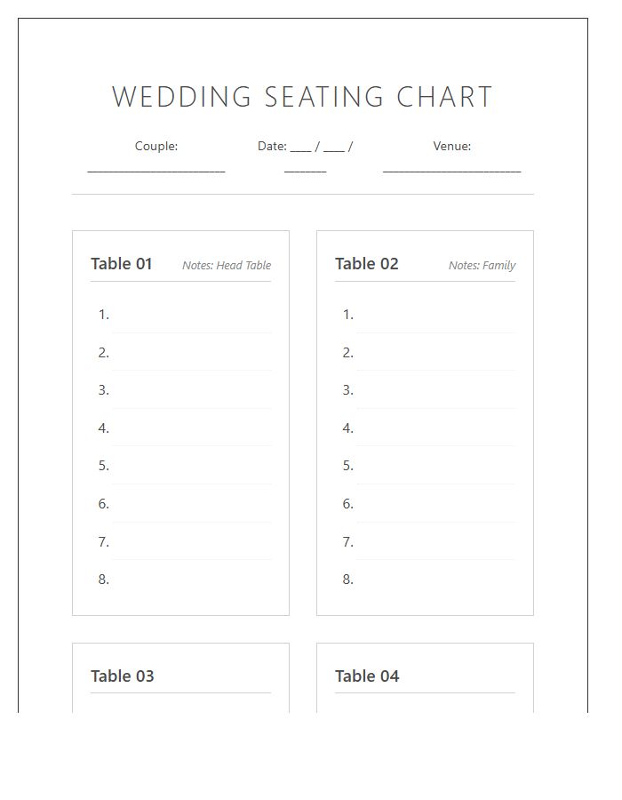 Printable Wedding Guest Seating Arrangement Planning Chart