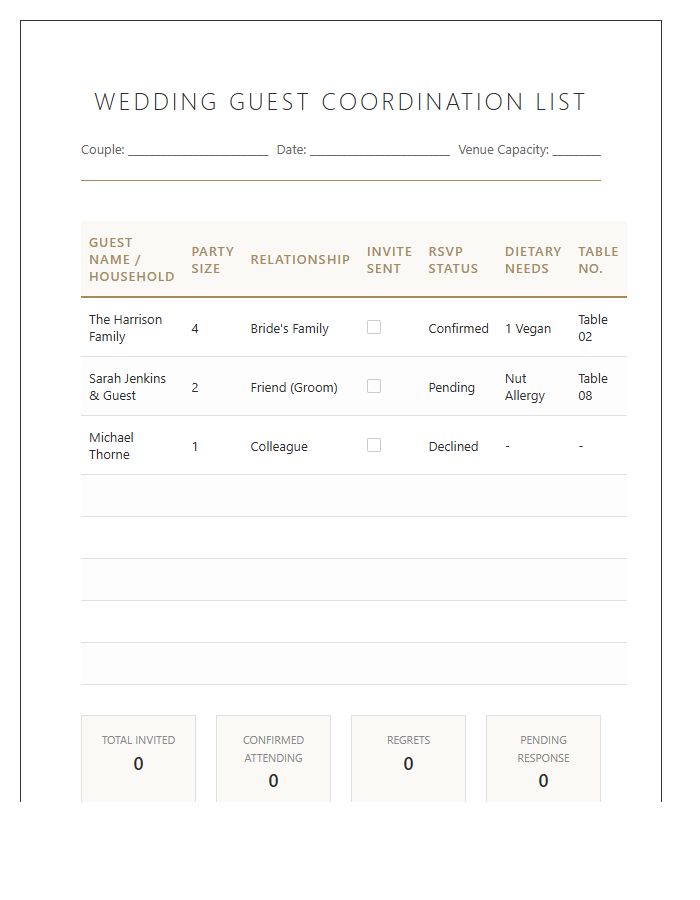Professional Printable Wedding Guest List Coordination Chart