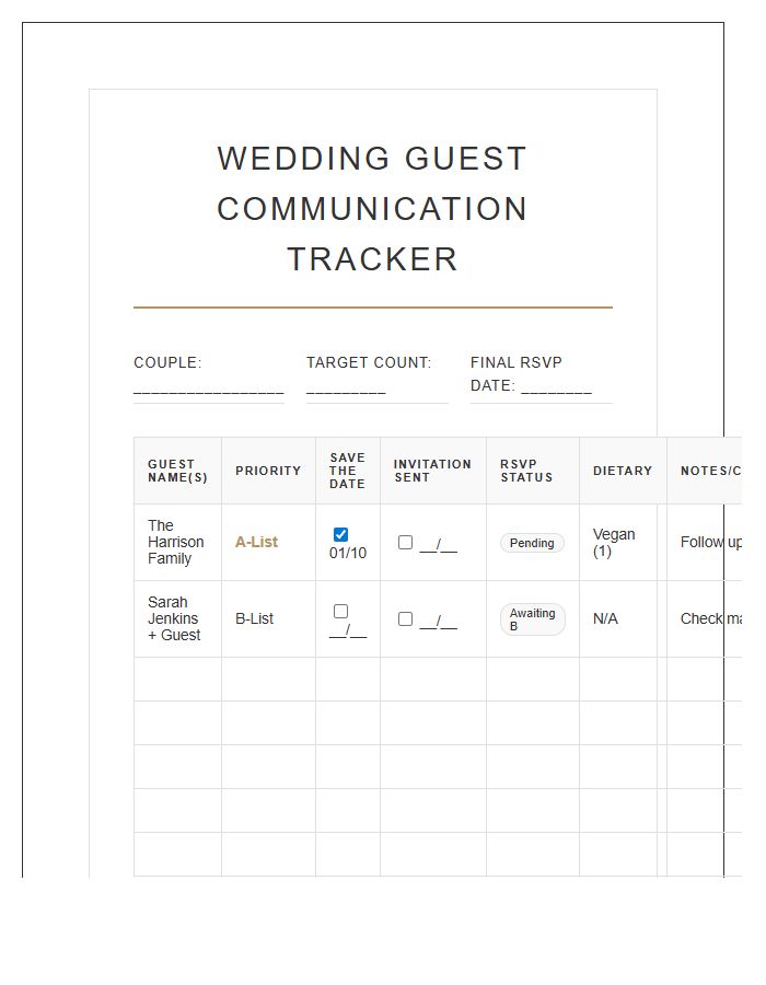 Strategic Printable Wedding Guest List Communication Chart