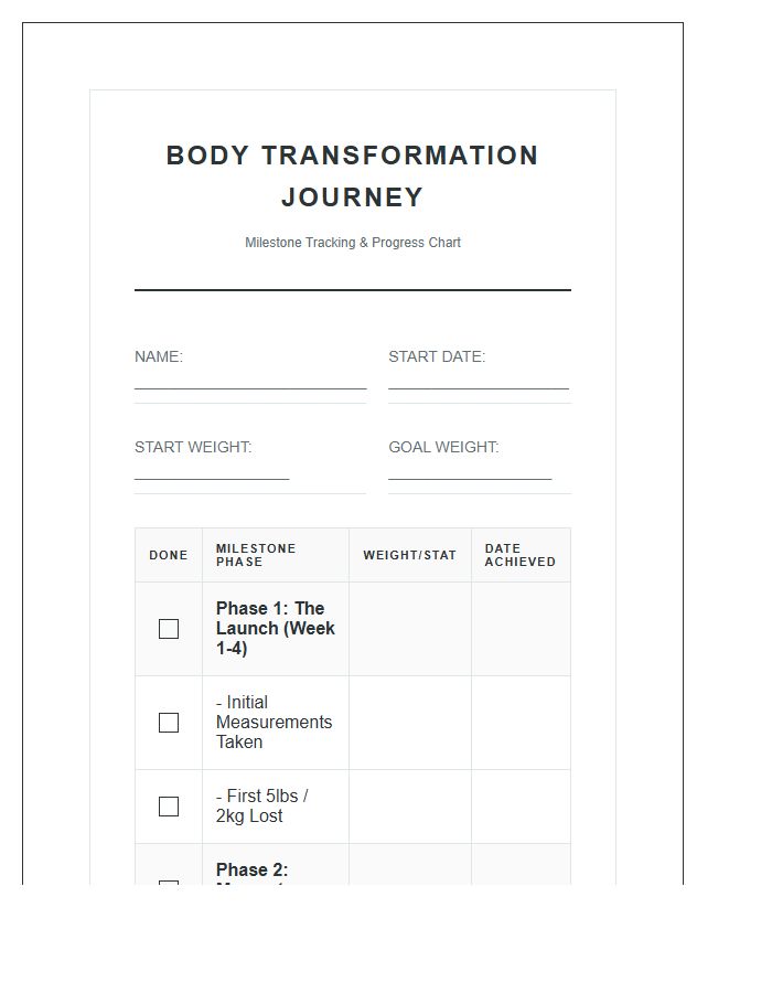 Printable Body Transformation Journey Milestone Chart