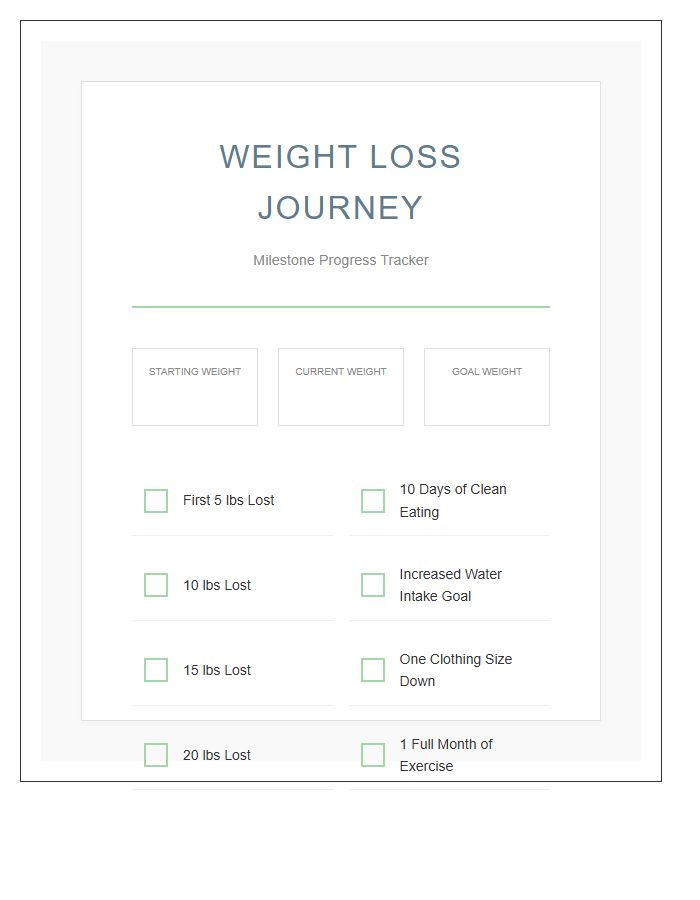 Printable Weight Loss Journey Milestone Progress Chart Checklist