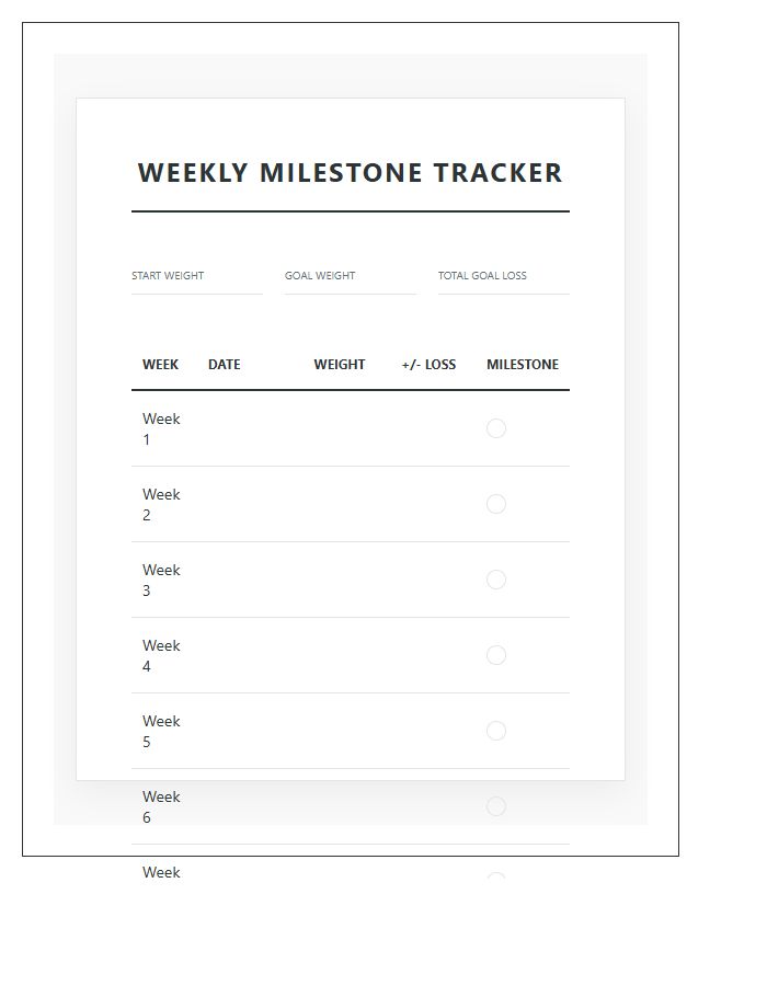 Weekly Weight Loss Journey Milestone Chart Printable
