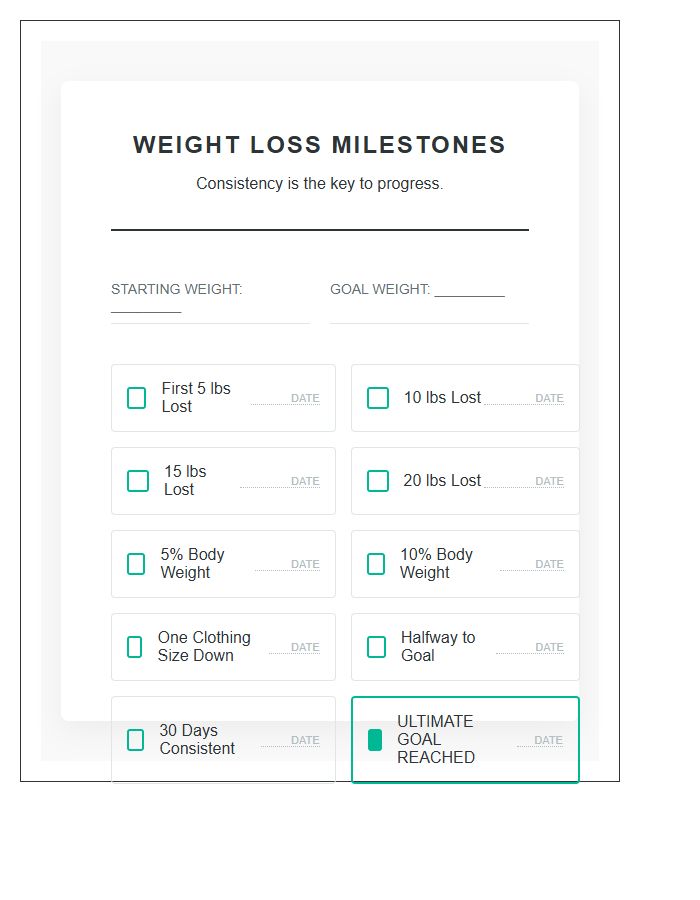 Weight Loss Milestone Achievement Chart Printable Checklist
