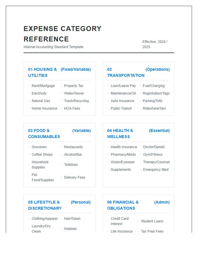 Complete Expense Category Reference Printable Chart