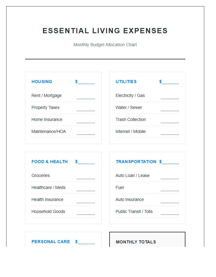 Essential Living Expense Category Printable Chart