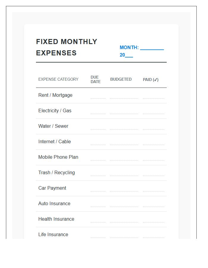 Fixed Monthly Expense Category Printable Chart