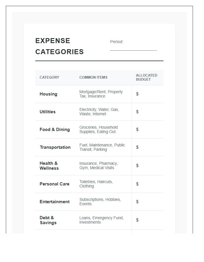 Home Management Expense Category Printable Chart