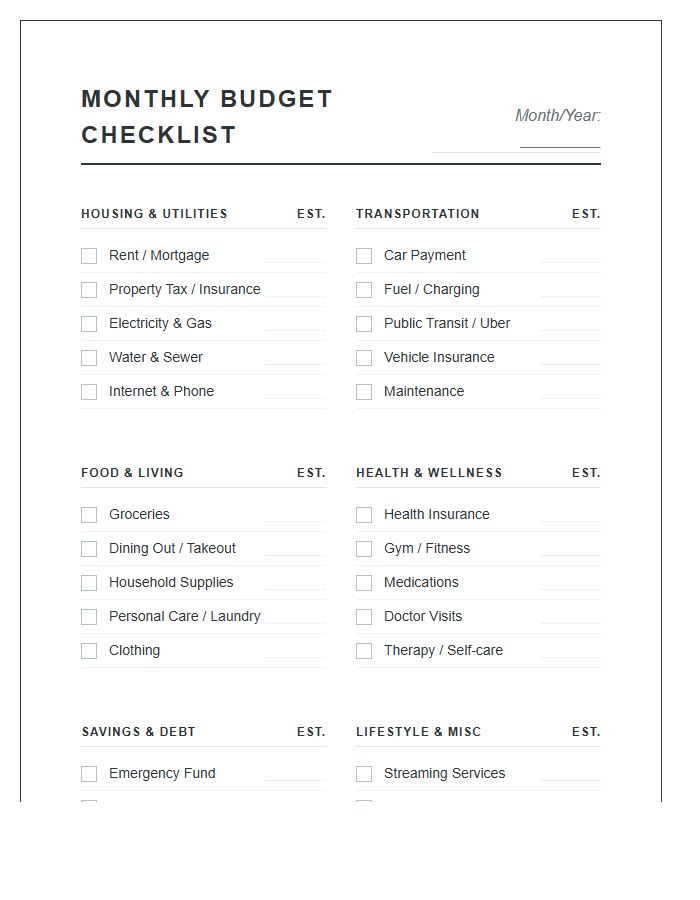 Printable Monthly Budget Expense Category Chart Checklist