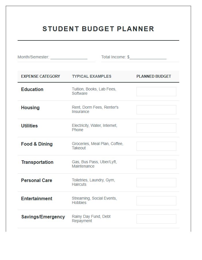 Student Budget Expense Category Printable Chart