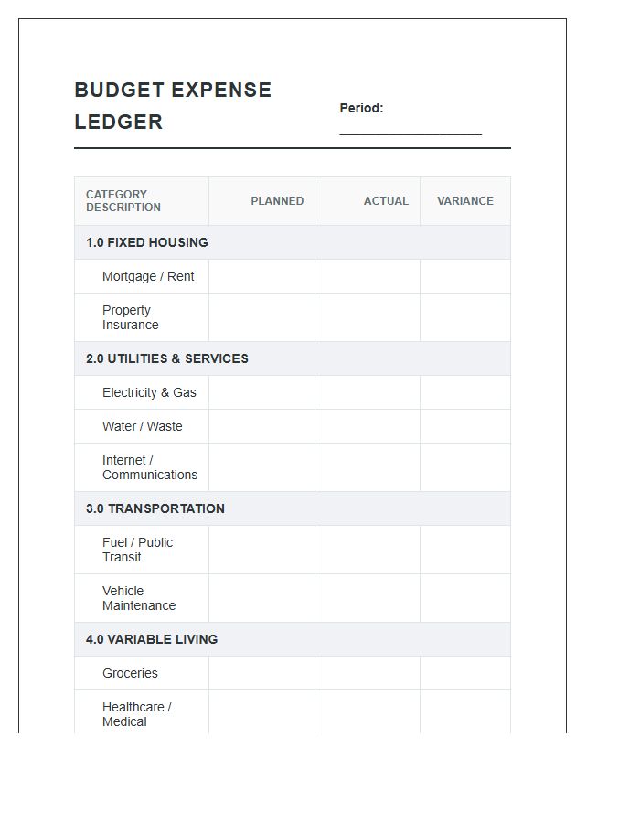 Systematic Budget Expense Category Printable Chart