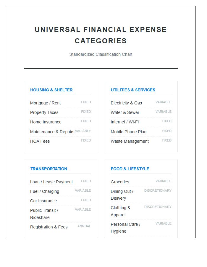 Universal Financial Expense Category Printable Chart