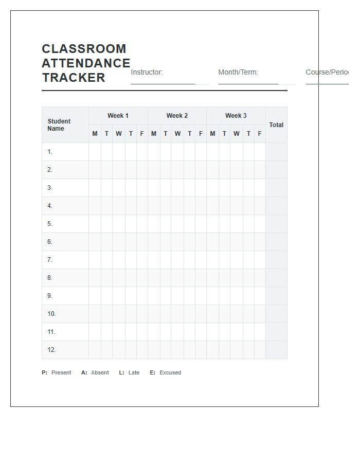 Comprehensive Classroom Attendance Tracker Printable Chart