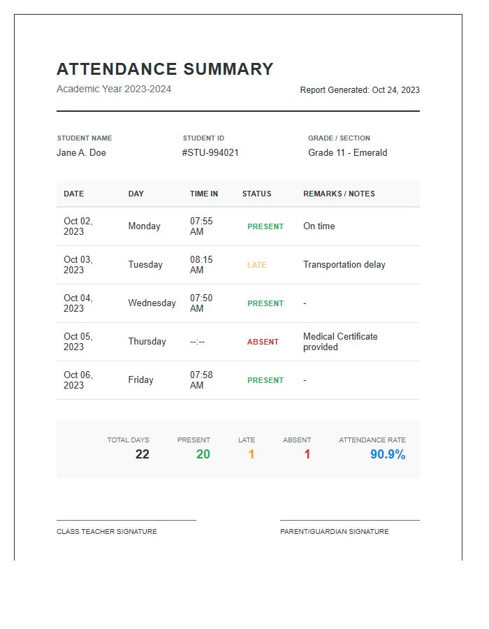 Detailed Student Attendance Printable Summary Chart